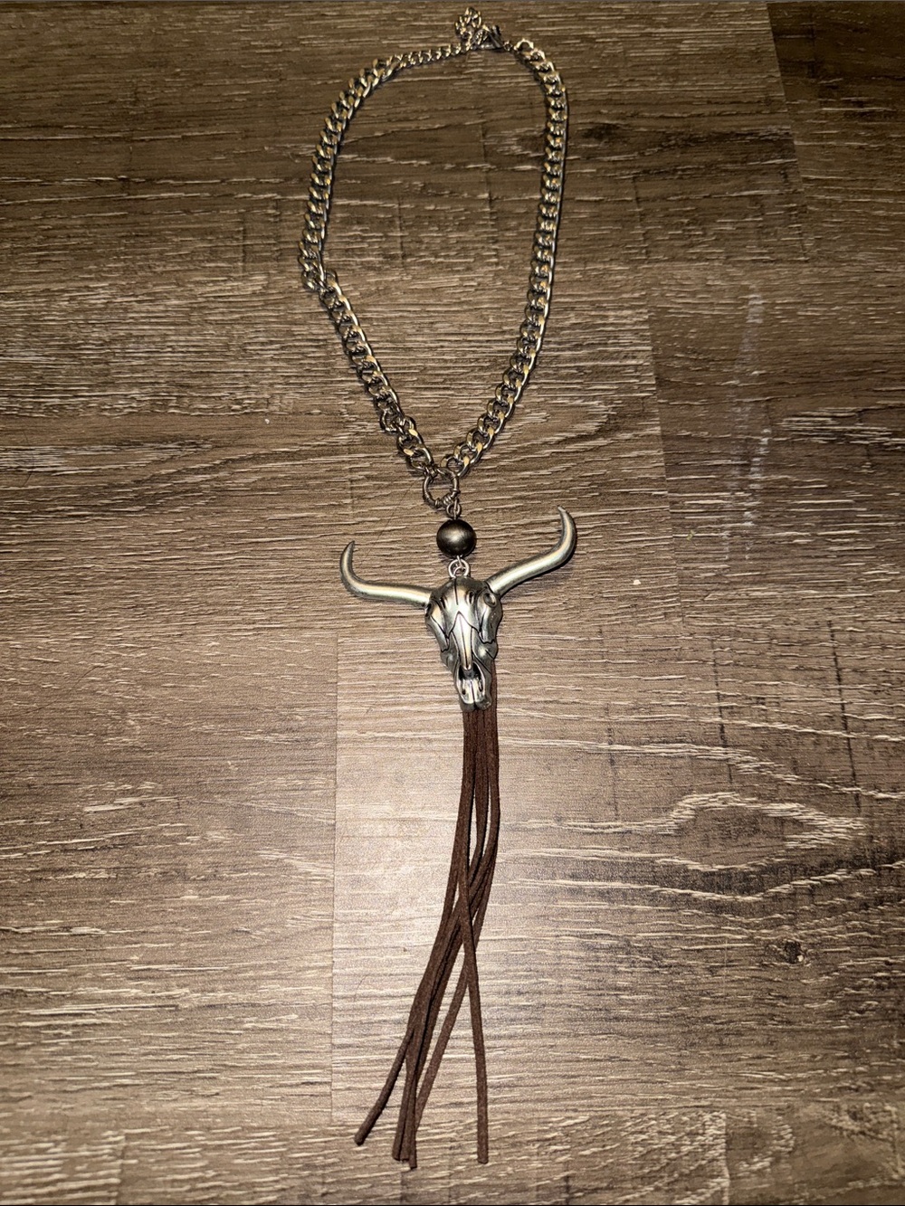 Women’s Silver Bull Skull Pendant Necklace with Brown Tassel